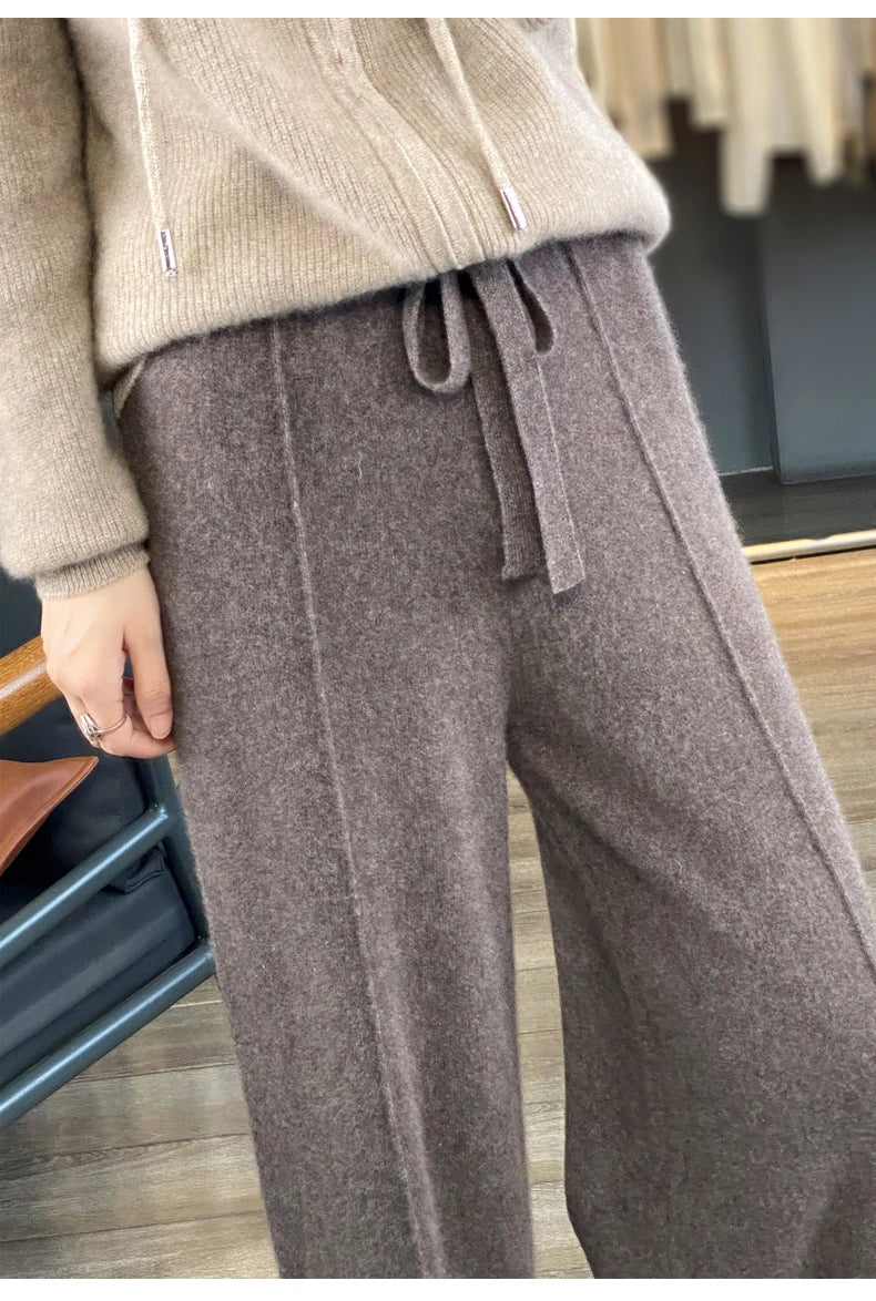 2023 autumn and winter new high-waisted wool mopping pants women's casual wide-leg pants hang out knitted woolen pants