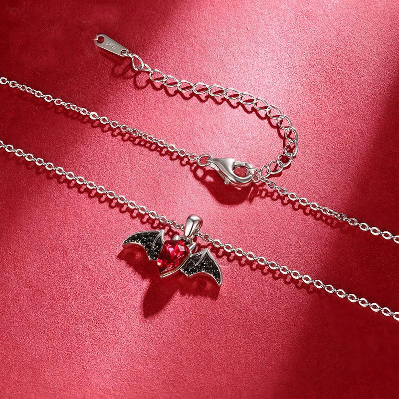 Silver 925 Red Crystal Bat Pendant Necklace for Women Girl Choker Chain Necklaces Halloween Cute Animal Accessories Party Gift