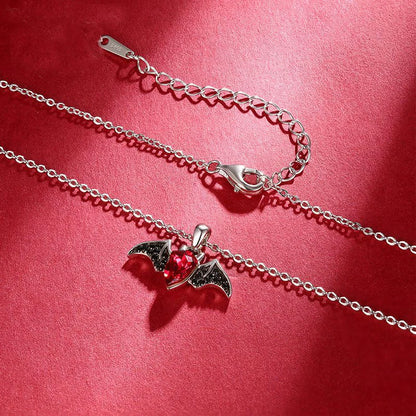 Silver 925 Red Crystal Bat Pendant Necklace for Women Girl Choker Chain Necklaces Halloween Cute Animal Accessories Party Gift