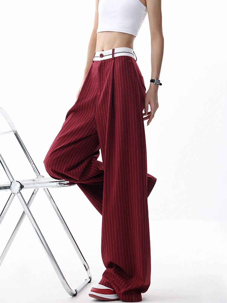 Korean Fashion Women Old Money Style Baggy Long Trousers Striped Vintage Irregular Design Loose Casual Pants 2000s Aesthetic New