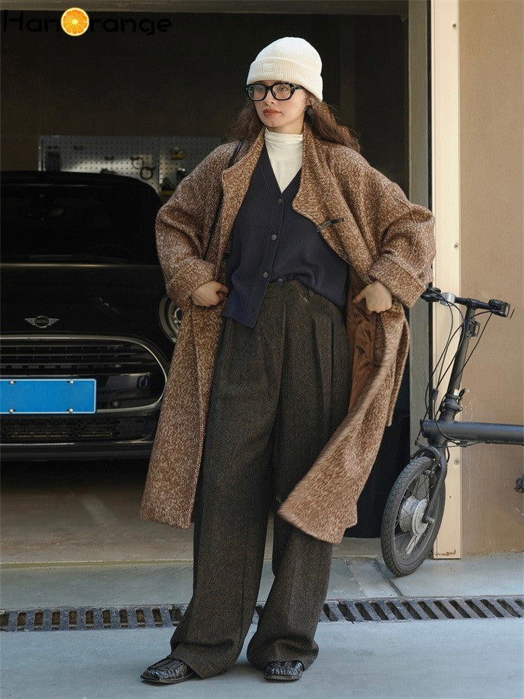 HanOrange 2024 Winter Fashion Modern Wide Leg Wool Pants Women Loose Warm Comfortable Trousers Female Black Gray/Coffee