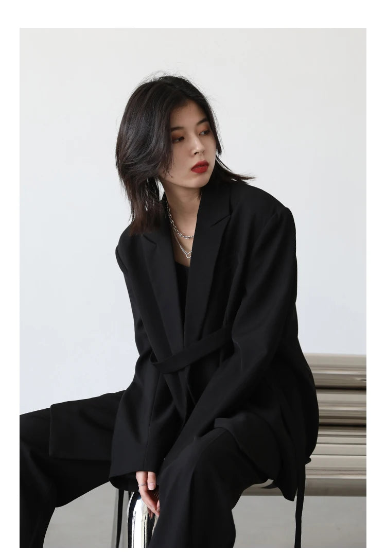 CHIC VEN Women Blazer Design Wide Shoulder Ribbon Solid Women's Medium Long Coat Office Lady Female Overcoat Spring Autumn 2022