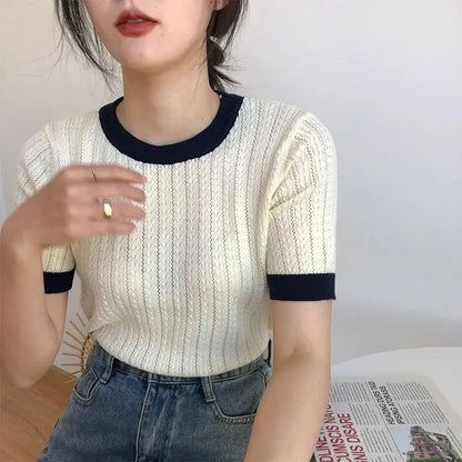 Panelled T-shirts Women Clothing Knitted Vintage Office Lady Simple Summer Work Wear Tender Elegant Fashion Minority Casual 2023