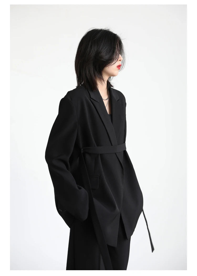 CHIC VEN Women Blazer Design Wide Shoulder Ribbon Solid Women's Medium Long Coat Office Lady Female Overcoat Spring Autumn 2022