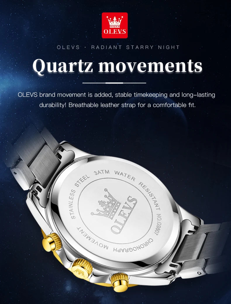 OLEVS 9807 New Man Watch Starry Sky Moon Phase Chronograph Waterproof Luminous Auto Date Hand Clock Luxury Quartz Watch for Men