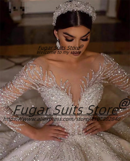 High-end O-neck Beading Bridal Wedding Dress Elegant Long Sleeve Sexy Ball Gown Long Bridal Solemn and Luxuly vestido de novia