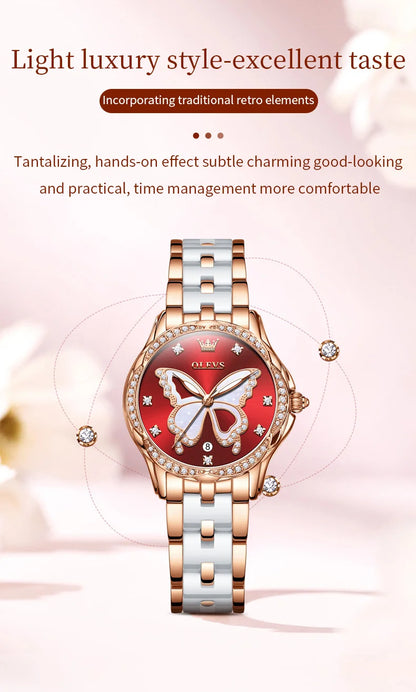 OLEVS Women's Watches Elegant Fashion Dress Original Quartz Wristwatch Butterfly Dial Ceramic Strap Waterproof Luminous Watch