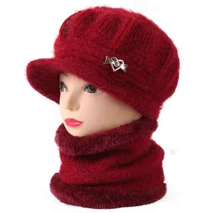 Knitted Hat Women Warm Winter Hats For Women Ladies Beanie Girls Skullies Femme SnapBack Warm Plush Hat Sombrero Mujer Scarf Set