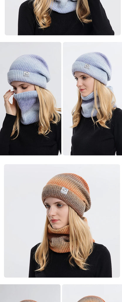 2021 New Women Winter Hat Gradient Striped Ski Hat Neck Warmer Female Tie Dye Beanie russia outdoor thicken plush Hat+Scarf Set