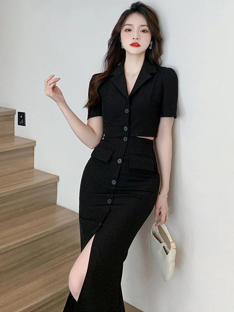 Elegant Formal 2 Pieces Outfits Women Professional Cropped Short Tops Shirt Blouse Slit Midi Skirt Sets Mujer Business Clothes