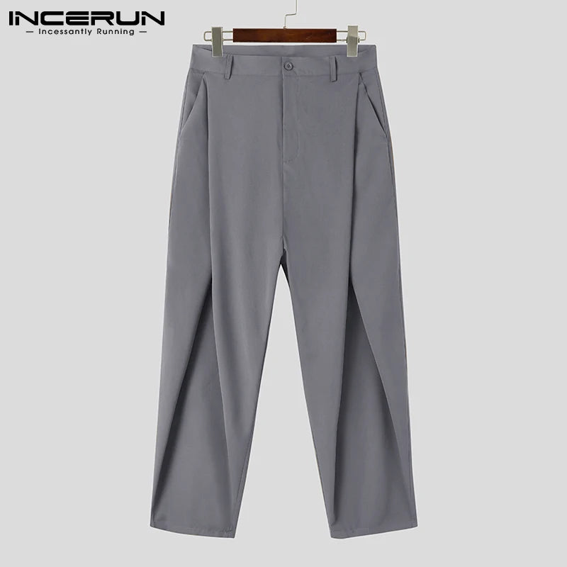 INCERUN 2024 Men Pants Solid Color Button Streetwear Joggers Loose Trousers Men Pleated Pockets Fashion Casual Long Pants S-5XL