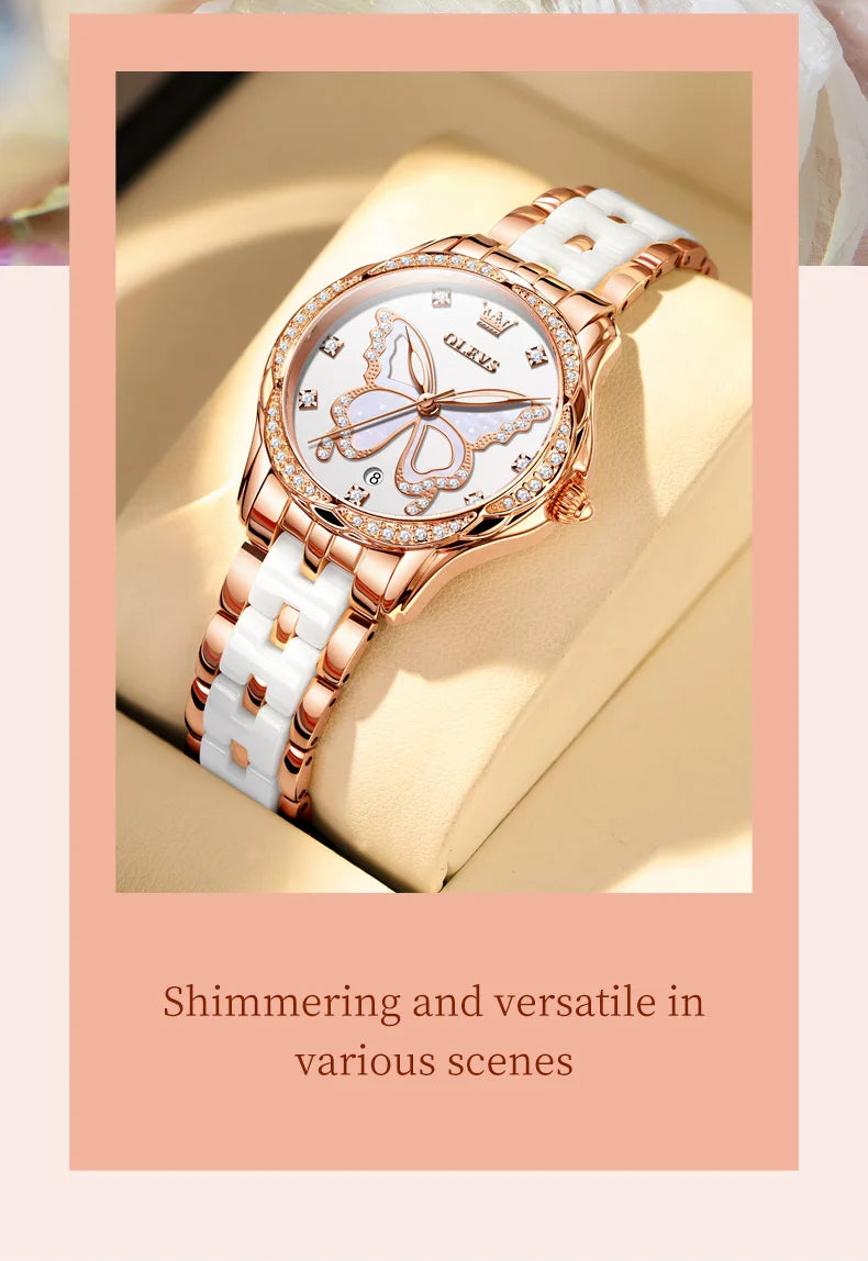 OLEVS 5610 Women's Watches Diamond Butterfly Design Dial Ceramic Strap Waterproof New Fashion Young Girl's Watches Set Gift