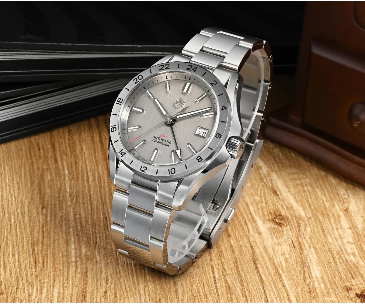 San Martin Design 39mm GMT Men Watch Luxury Business Dress NH34 Mechanical Stainless Steel Wristwatch Date Sapphire 10Bar SN0129