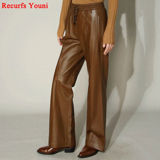 Leather Long Pants Women New Commuter Elastic Waist Drawstring Slim Sheepskin Wide Leg Full Length Straight Cylinder Trousers