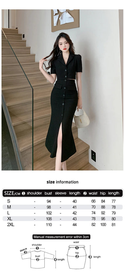 Elegant Formal 2 Pieces Outfits Women Professional Cropped Short Tops Shirt Blouse Slit Midi Skirt Sets Mujer Business Clothes