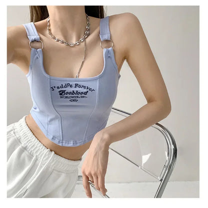 Striped bra pad tank top Y2K solid color short women's T-shirt tank top exposed navel top sleeveless exposed navel tank