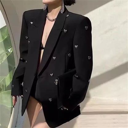 2024 Spring Autumn New Black Heavy Industry Diamond-encrusted Suit Jacket Female High-end Design Sense Minority Street Blazer