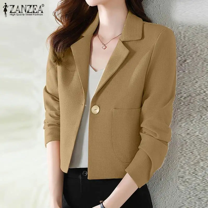 ZANZEA Stylish Women OL Work Blazer Autumn Elegant Office Lady Suits Blazer Casual Solid Crop Top Lapel Neck Long Sleeve Outwear