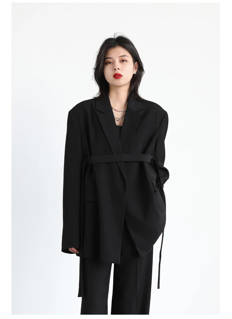 CHIC VEN Women Blazer Design Wide Shoulder Ribbon Solid Women's Medium Long Coat Office Lady Female Overcoat Spring Autumn 2022