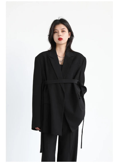 CHIC VEN Women Blazer Design Wide Shoulder Ribbon Solid Women's Medium Long Coat Office Lady Female Overcoat Spring Autumn 2022