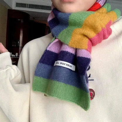 Rainbow Stripes Mohair Scarf Men And Women In Winter Colour Blocking Stripes Wool Short Scarf Students Warm Short Scarf