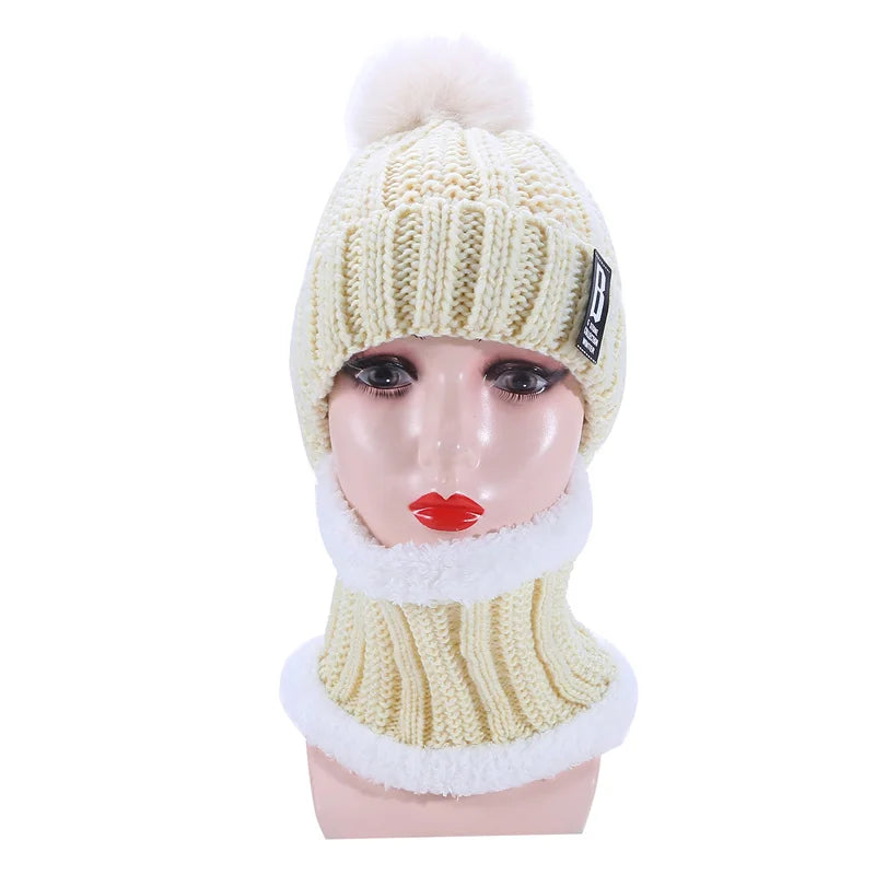 Warm Winter Skullies Beanies Knitted Hat Women Brand High Quality Winter Women Ball Ski Wool Fur Hat Pompoms Hats Knitted Scarf