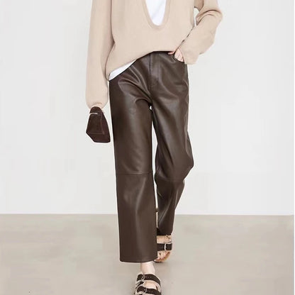 100% Leather Pants Women Autumn Winter Fashion Sheepskin High Waist  Slim French Baguette Pants Casual Straight Cropped Trousers