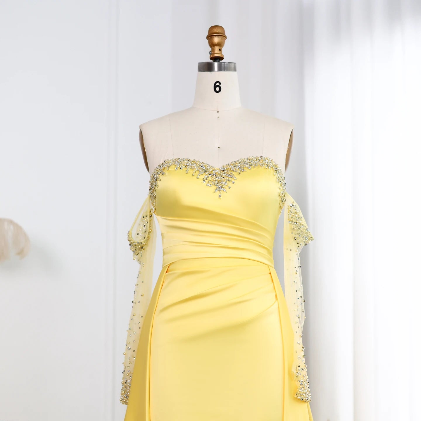 Sharon Said Elegant Sweetheart Yellow Satin Evening Dress with Gloves Beaded Pearls Women Wedding Party Gowns SS586 Customized