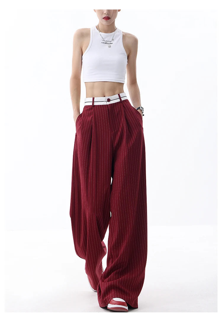 Korean Fashion Women Old Money Style Baggy Long Trousers Striped Vintage Irregular Design Loose Casual Pants 2000s Aesthetic New