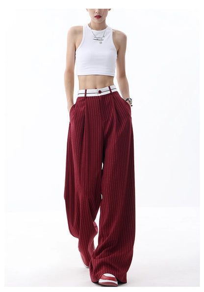 Korean Fashion Women Old Money Style Baggy Long Trousers Striped Vintage Irregular Design Loose Casual Pants 2000s Aesthetic New