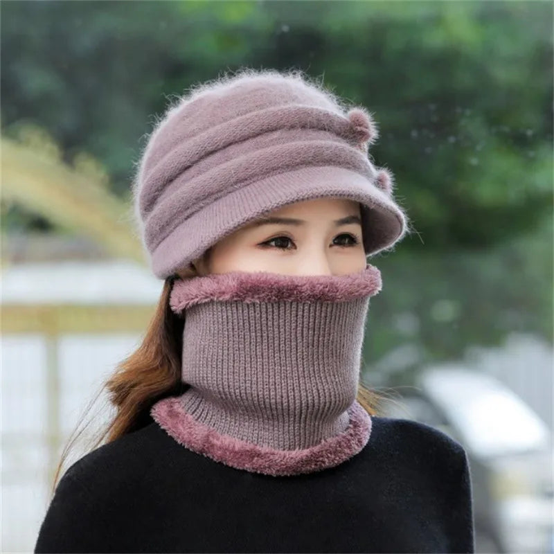 Women Winter Hat Keep Warm Cap Add Fur Lined CAPS And Scarf Set Warm For Female Casual Rabbit Fur Winter Knitted Bonnet