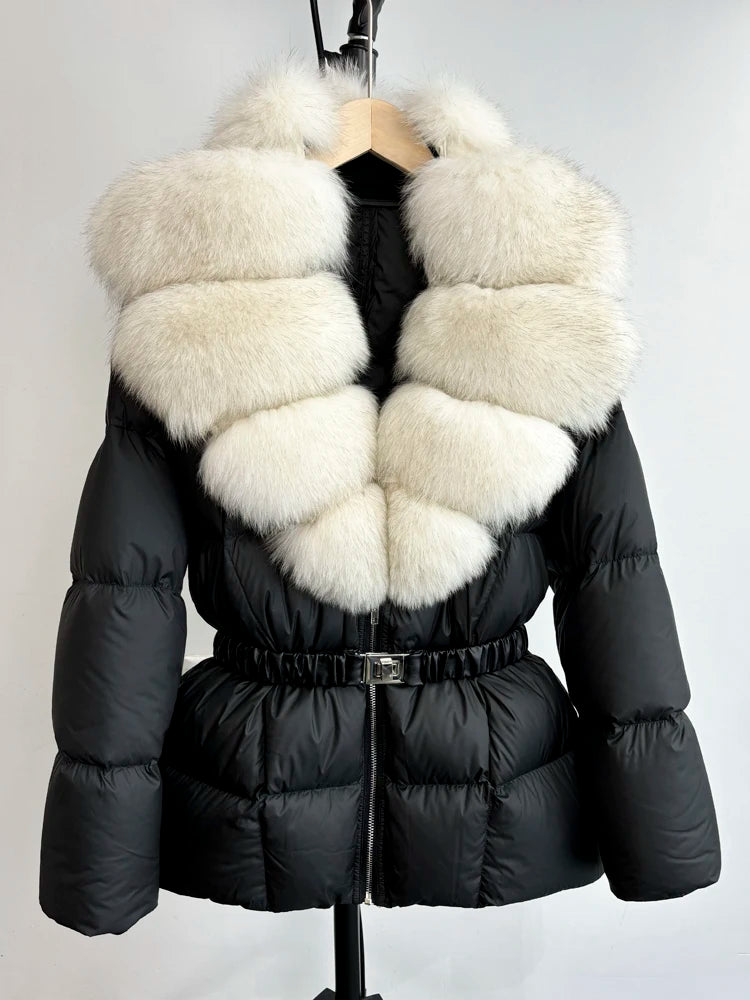 Janveny Super Big Real Fox Fur Winter Women 90% White Duck Down Jacket 2024 Ladies Slim Warm Puffer Coat Female Thick Parkas