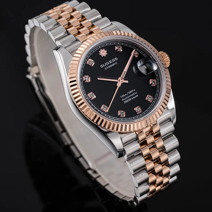 Sugess 36mm Man Watch Automatic ST2130 Movement Retro Mechanical Wristwatches Sapphire Crystal RoseGold Case President Bracelet