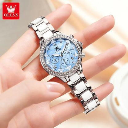 OLEVS Women's Watches Fashion Luxury Rhinestone luminous waterproof Bezel Ceramic Strap Quartz Women watch for Women Reloj mujer