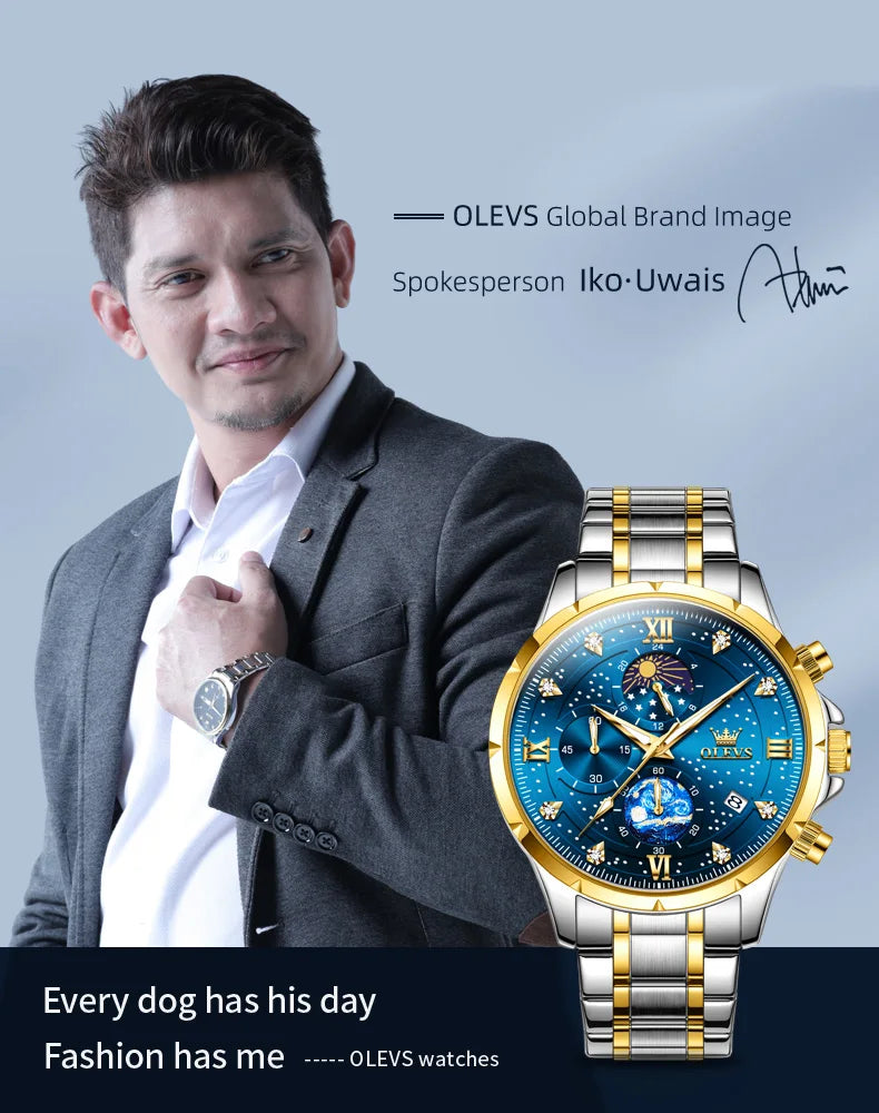 OLEVS 9807 New Man Watch Starry Sky Moon Phase Chronograph Waterproof Luminous Auto Date Hand Clock Luxury Quartz Watch for Men