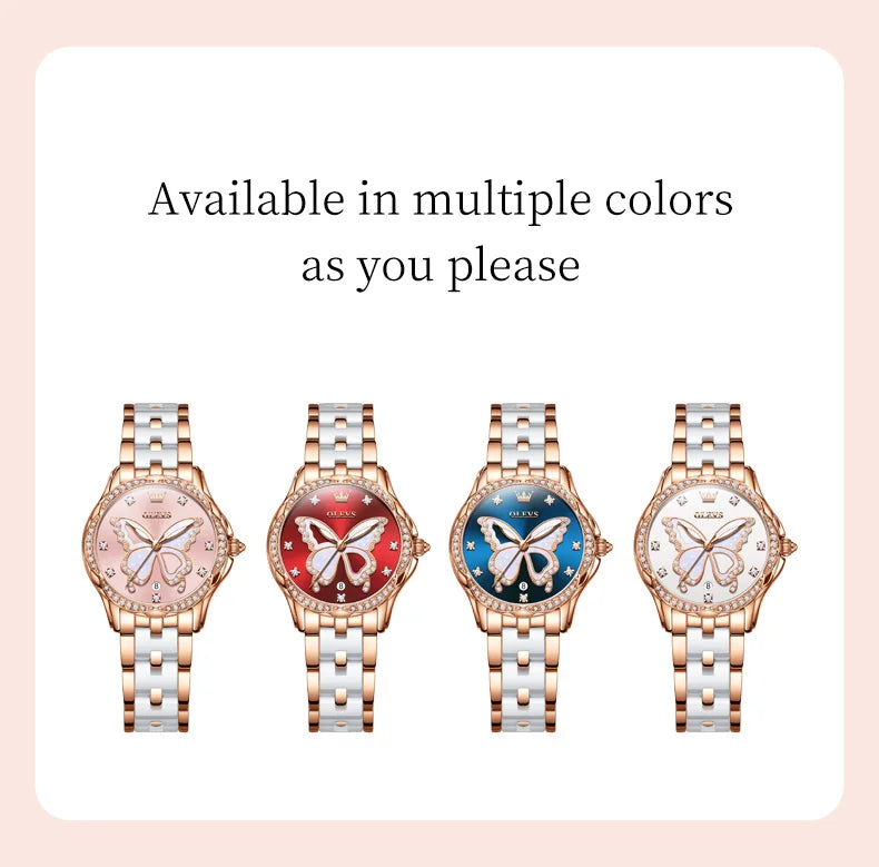 OLEVS 5610 Women's Watches Diamond Butterfly Design Dial Ceramic Strap Waterproof New Fashion Young Girl's Watches Set Gift