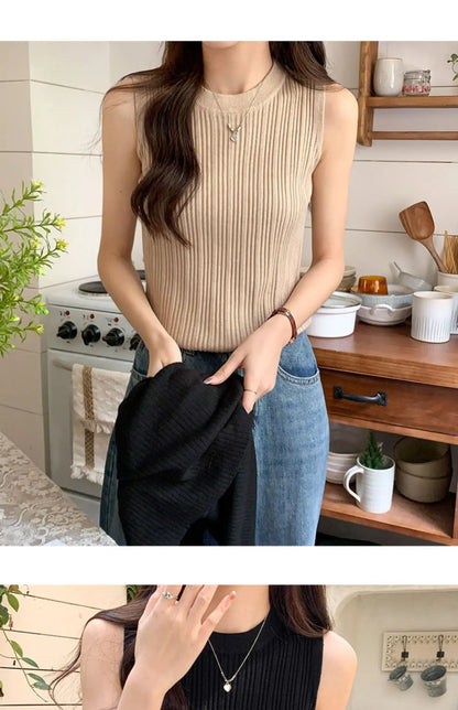 AOSSVIAO 2024 Korea Knitted Vests Women Top O-neck Solid Tank Blusas Y2K Summer New Fashion Female Sleeveless Casual Thin Tops