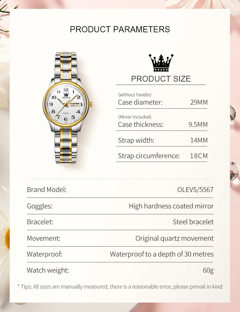 OLEVS 5567 Women's Watch Original Luxury Brand Stainless Steel Waterproof Quartz Women's Watch Elegant Date Zhou Women's watches