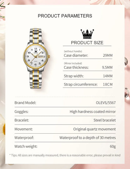 OLEVS 5567 Women's Watch Original Luxury Brand Stainless Steel Waterproof Quartz Women's Watch Elegant Date Zhou Women's watches