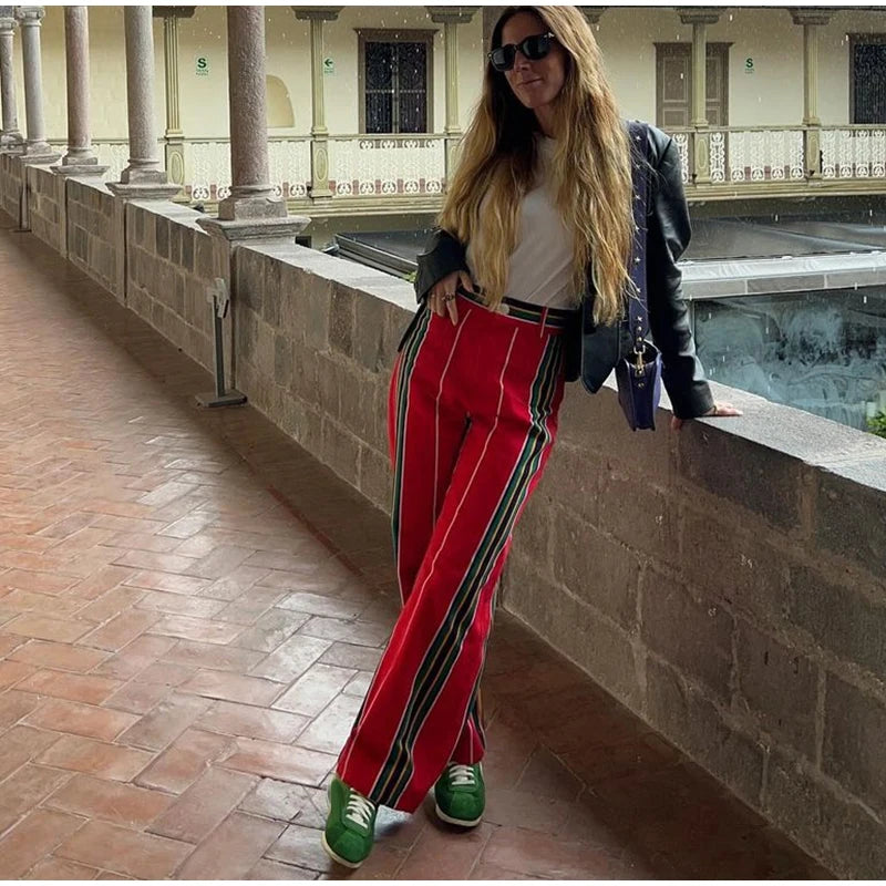 Women's Striped Straight Pants Colors Print Wide Trousers With Zipper Female Casual Pockets High Waist Pant 2024 New Commuting