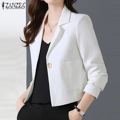 ZANZEA Stylish Women OL Work Blazer Autumn Elegant Office Lady Suits Blazer Casual Solid Crop Top Lapel Neck Long Sleeve Outwear