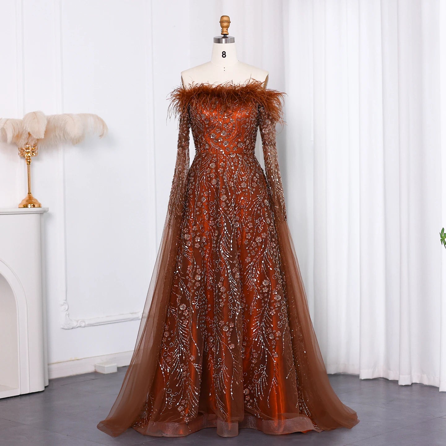 Sharon Said Off Shoulder Luxury Feather Brown Evening Dress with Cape Sleeve Navy Blue Women Wedding Party Gown SS135 Customized