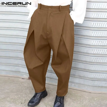 INCERUN 2024 Men Pants Solid Color Button Streetwear Joggers Loose Trousers Men Pleated Pockets Fashion Casual Long Pants S-5XL