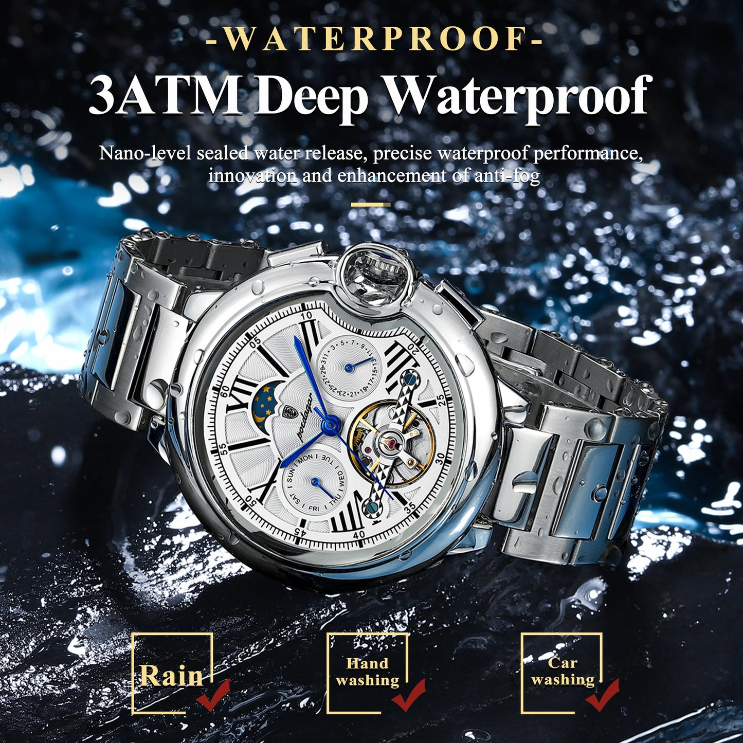 POEDAGAR Luxury Man Watch Hollow Tourbillon Automatic Mechanical Men Watch Waterproof Date Week Stainless Steel Men's Watches