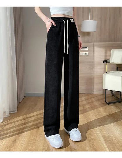 Autumn/winter Women's Chenille Bell Bottoms Fleece-lined Thickened For Petite Women Straight-leg Plus-size Pants