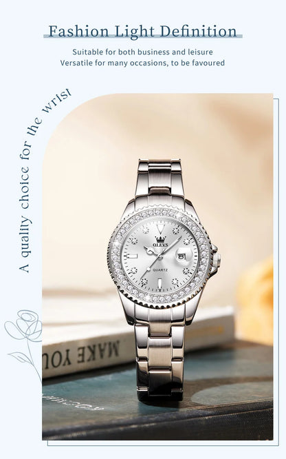 OLEVS Women's Watches Top Brand Original Quartz Ladies Watch Luxury Bezel Diamond Wristwatch Waterproof Enlarge Date Gift Set