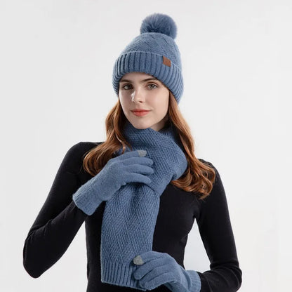 3pcs/set Winter Beanie Hat Scarf Touchscreen Gloves Set for Women Warm Knit Fleece Lined Hat Set Leather Label Fur Ball Cap