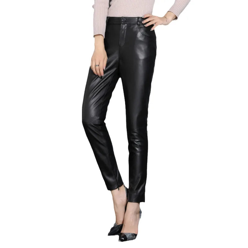 Leather Pants, Women's Slimming Small Leg Sheepskin Pencil Pants, Spring And Autumn, Leather Leggings ,Slim Leather Pants 4XL