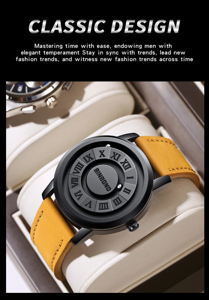 BINBOND Top Luxury Man Watch Waterproof Creative Scrolling Men Wristwatch High Quality Leather Men's Quartz Watches+Box Reloj