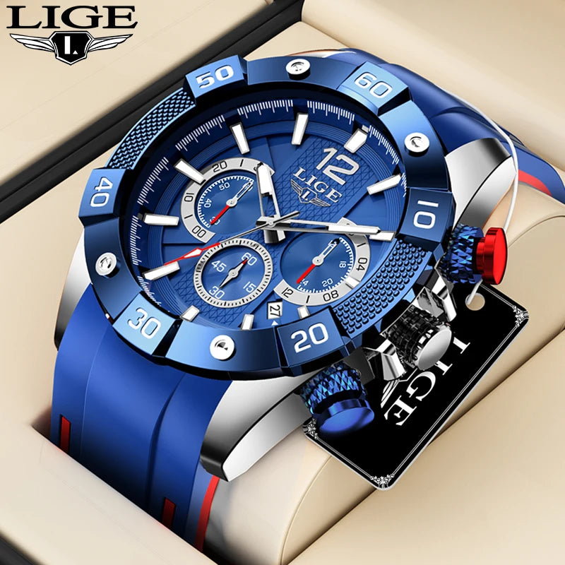 LIGE New Fashion  Man Watch Top Brand Luxury Clocks Casual Sports Silicone Strap Chronograph Waterproof Quartz Male Watches Date